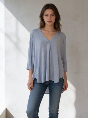 Lush Blue Gray V Neck Tunic Top XL Lightweight Relaxed Blouse